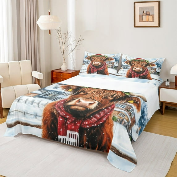 Manfei Highland Cow Full Size Sheets for Kid, Rustic Christmas Animal Bed Sheets, Farmhouse Cabin Sheet Sets, Microfiber Bedroom Decor, 4 Pieces