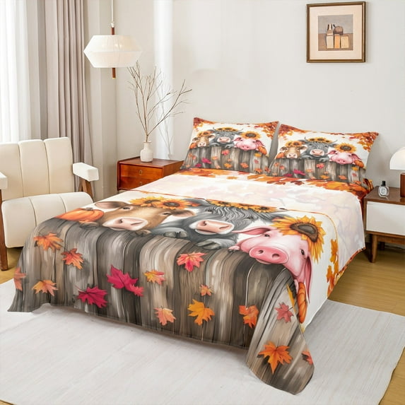 Manfei Highland Cow Pig Bed Sheets 4 Pieces, Cute Farm Animal King Sheets, Chic Sunflower Pumpkin Sheet Set, Luxury Bedroom Decor