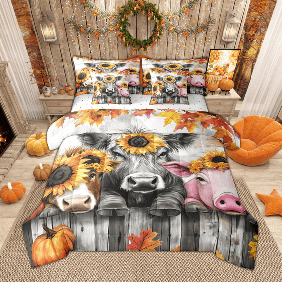 Manfei Highland Cow Pig Bedding Comforter Set 7-Piece, Cute Farm Animal Queen Bedding Sets, Chic Sunflower Pumpkin Queen Sheet Sets, Lightweight Room Decor