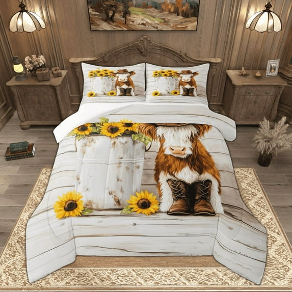 Manfei Highland Cow Queen Comforter Set, Chic Sunflower Blossom Bedding Sets, Cowboy Boots Barn Door Bedding Comforter Set Lightweight Room Decor 3pcs