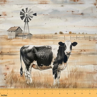 Manfei Highland Cow Sewing & Crafting Fabric (5 Yards), Rustic Windmill Farmhouse Home Decor Fabric by the Yard, Farm Animal Cattle Bull DIY Fabric