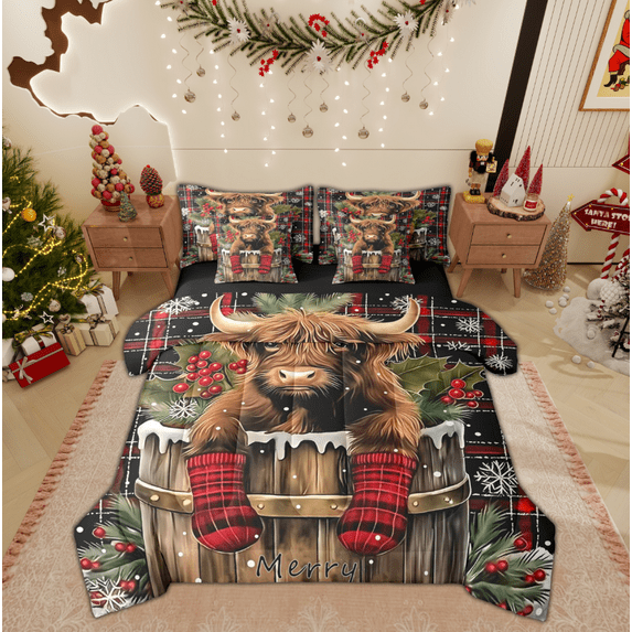 Manfei Highland Cow Twin Bedding Sets 7-Piece for Kids, Merry Christmas Bedding Comforter Set, Rustic Farmhouse Reversible Sheet Sets, Luxury Bedroom Decor