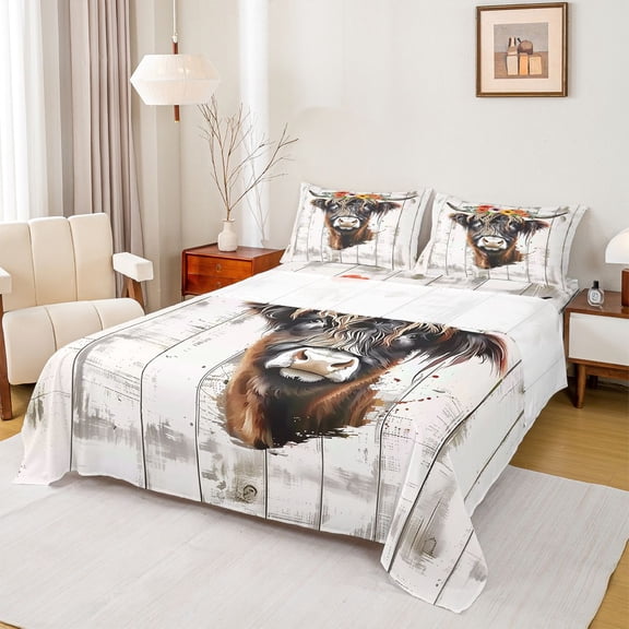 Manfei Highland Cow Twin Sheet Sets 3pcs for Teens Adults,Lodge Cabin Twin Fitted Sheet Microfiber,Western Farmhouse Breathable Flat Sheet,Ultra Soft Home Decor