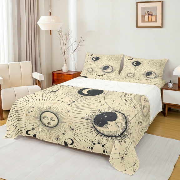 Manfei Hippie Astrology Bed Sheets for Teens, Mystic Moon Sun Galaxy King Sheets, Wheat Bohemian Style Sheet Set, Super Cozy Room Decor, 4 Pieces