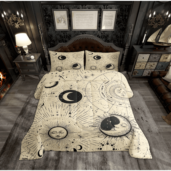 Manfei Hippie Astrology Bedding Comforter Set for Teens, Mystic Moon Sun Galaxy Twin Comforter Sets, Wheat Bohemian Style Bedding Set, Super Cozy Room Decor, 2 Pieces