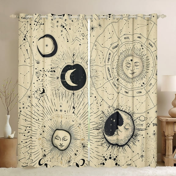Manfei Hippie Astrology Blackout Curtains Set of 2 (52x84 Each) for Teens, Mystic Moon Sun Galaxy Window Curtains, Wheat Bohemian Style Curtains and Drapes, Curtains and Drapes Room Decor