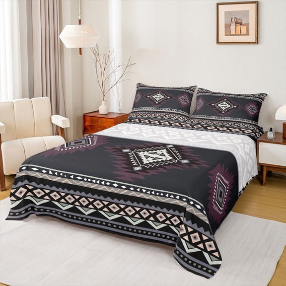 Manfei Hippie Aztec 4 Pieces Queen Sheet Sets for Female Men,Bohemian Abstract Geometric Ultra Soft Flat Sheet,Exotic Style Queen Fitted Sheet,Super Cozy Room Decor