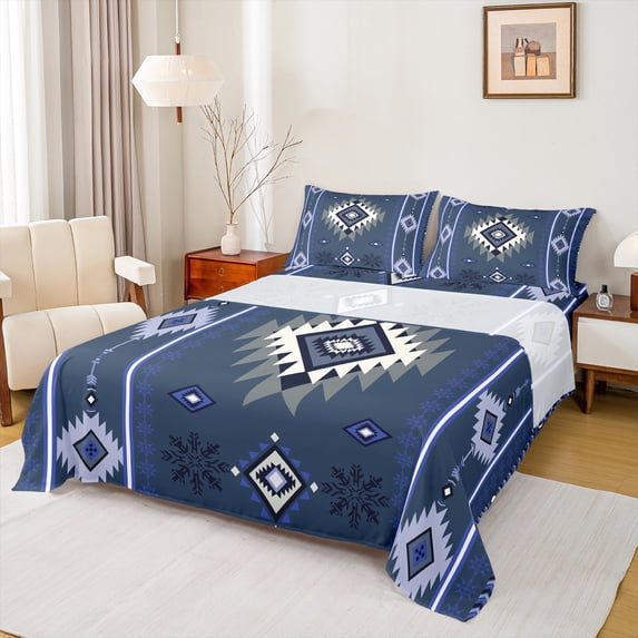 Manfei Hippie Aztec Adult Full Size Sheets, Rustic Tribal Mandala Bed Sheets, Blue Stripes Abstract Sheet Sets, Breathable Home Decor, 4 Pieces