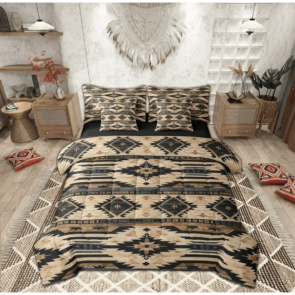 Manfei Hippie Aztec Bed in a Bag Queen size, Pale Brown Bed Set, Bohomian Western Reversible Bedding Queen Size, Microfiber Room Decoration, 7 Pieces