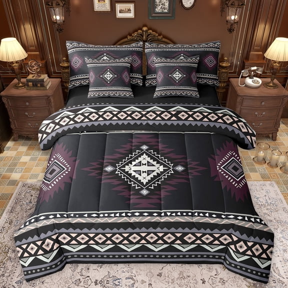 Manfei Hippie Aztec Bedding Comforter Set 7 Pieces for Female Men,Bohemian Abstract Geometric Full Bedding Set Lightweight,Exotic Style Fitted Sheet Flat Sheet,Super Cozy Room Decor,Reversible