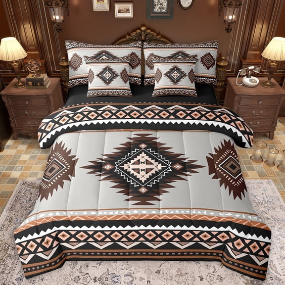 Manfei Hippie Aztec Bedding Comforter Set 7 Pieces for Female Men,Bohemian Abstract Geometric Full Bedding Set Lightweight,Exotic Style Fitted Sheet Flat Sheet,Super Cozy Room Decor,Reversible