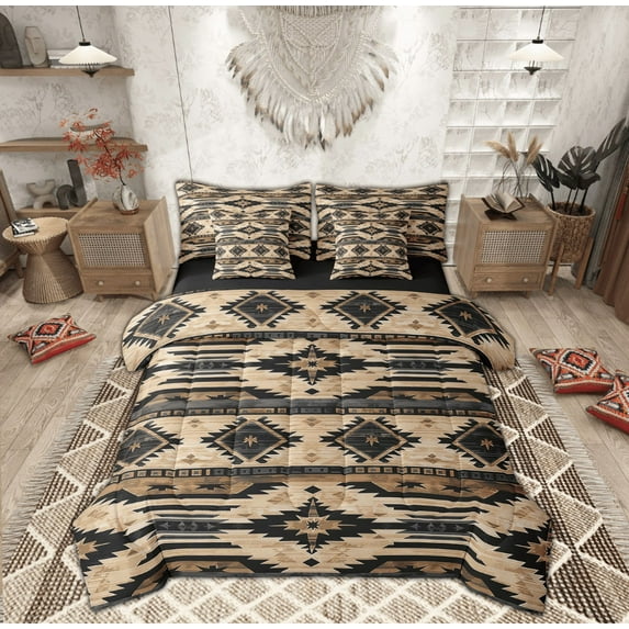 Manfei Hippie Aztec Bedding Twin Size, Pale Brown Bedding Sets Twin Size, Bohomian Western Reversible Comforter Sets with Sheets, Microfiber Room Decoration, 7 Pieces