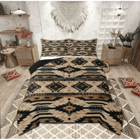 Manfei Hippie Aztec Comforter Sets King Size, Pale Brown Comforters & Duvets, Bohomian Western Reversible Bedding King Comforter Set, Microfiber Room Decoration, 3 Pieces