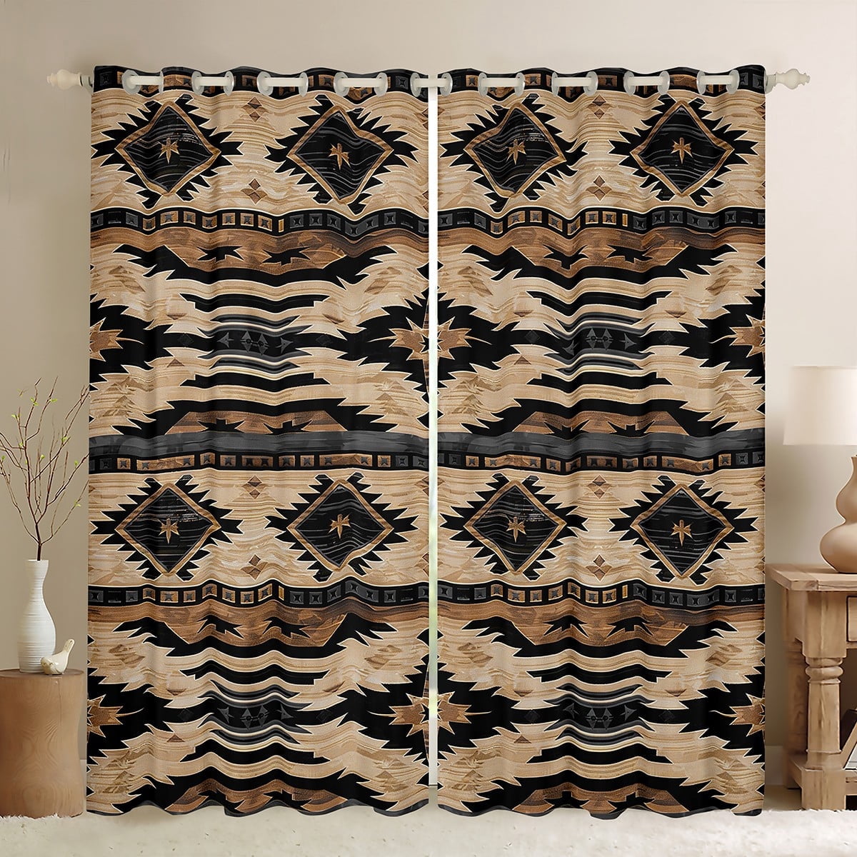 Manfei Hippie Aztec Curtains Pack of 2 (52x84), Pale Brown Curtains for Living Room, Bohomian Western Black Out Curtains, Window Curtains Room Decoration