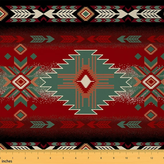 Manfei Hippie Aztec Fabric by the Yard (1 Yard), Black Red Tribal Geometric Decorative Fabric by the Yard, Boho Bohemian DIY Fabric