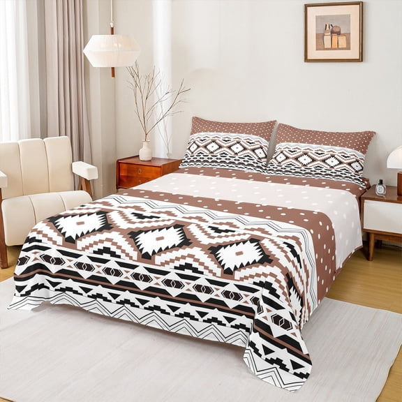 Manfei Hippie Aztec Full Size Sheets 4-Piece for Female Men Adults,Polka Dots Breathable Bed Sheets,Boho Abstract Geometric Lightweight Sheet Sets,Microfiber Bedroom Decor