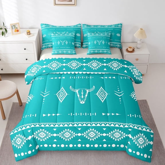 Feelyou Hippie Aztec Print Twin Bedding Sets 7-Piece, Dark Turquoise Geometric Bedding Comforter Set, Bohomian Style Sheet Sets, Lightweight Bedroom Decorative