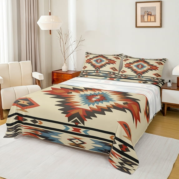 Manfei Hippie Aztec Teens Twin Sheet Sets, Western Bohemian Abstract Twin Fitted Sheet, Tribal Hippie Style Flat Sheet, Super Cozy Room Decor, 3 Pieces