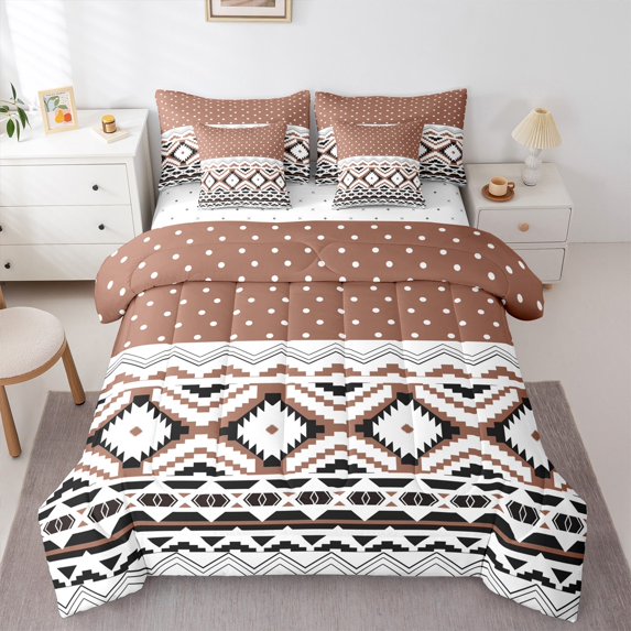 Manfei Hippie Aztec Twin Bedding Sets 7-Piece for Female Men Adults,Polka Dots Bedding Comforter Set Microfiber,Boho Abstract Geometric Breathable Sheet Sets,Microfiber Bedroom Decor,Reversible