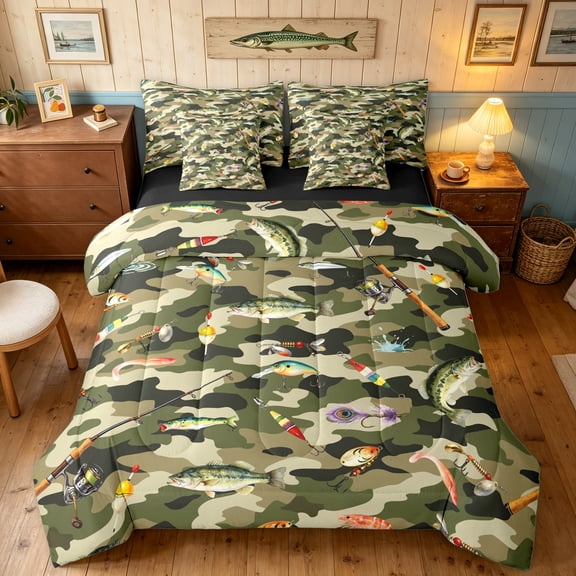 Manfei Hippie Bass Fish Full Size Bedding Sets, Camouflage Fishing Full Size Bed in a Bag, Green, Black Reversible, 7pcs