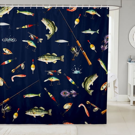 Manfei Hippie Bass Fish Shower Curtain 72Wx84L, Rustic Fishing Bathroom Shower Curtain, Navy Blue
