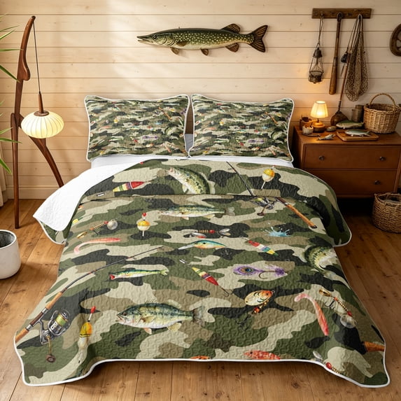 Manfei Hippie Bass Fish Twin Quilt Set, Camouflage Fishing Twin Coverlet Set, Green, 2pcs, 1 Bedspread and 1 Pillowcase