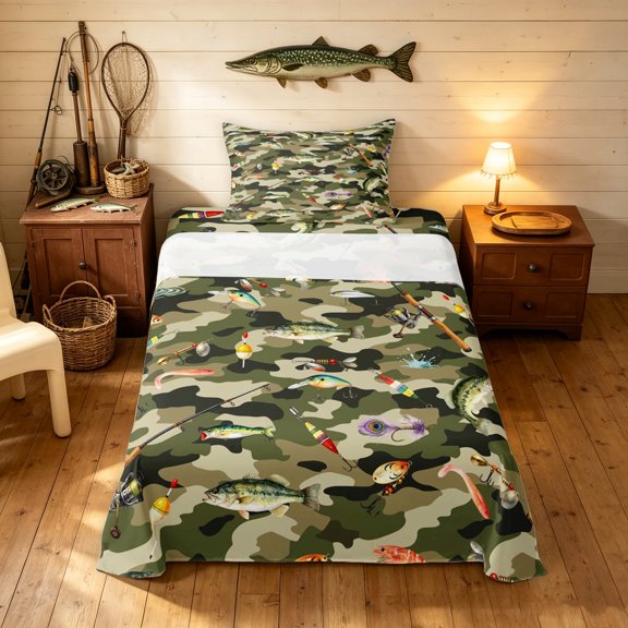 Manfei Hippie Bass Fish Twin Sheets, Camouflage Fishing Bedding, Green, 3pcs, 1 Flat Sheet, 1 Fitted Sheet and 1 Pillowcase