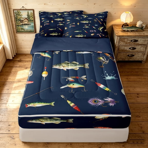 Manfei Hippie Bass Fish Zipper Twin Comforter Sets with Fitted Sheet and 2 Pillowcases, Rustic Fishing Zipper Bedding Set, Navy Blue, Blue Reversible, 4-Piece