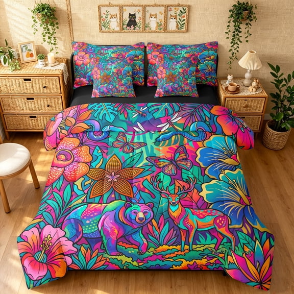 Manfei Hippie Bear Deer Twin Bedding, Tribal Flower Floral Bedding Comforter Set, Red Navy, Black Reversible, 7pcs