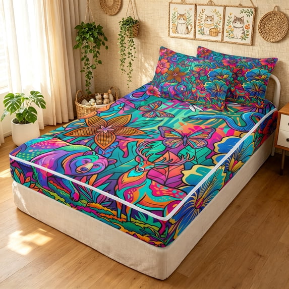 Manfei Hippie Bear Deer Zipper Twin Comforter Sets with Fitted Sheet and 2 Pillowcases, Tribal Flower Floral Zipper Bedding Set, Red Navy, Black Reversible, 4pcs