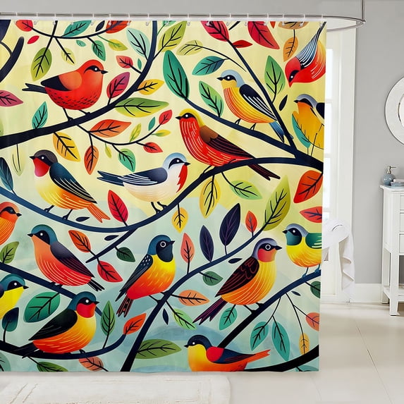 Manfei Hippie Bird Shower Curtain 72Wx72L, Cartoon Rainbow Leaf Bathroom Curtain, Yellow Teal