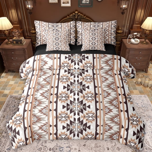 Manfei Hippie Bohemian Triangle Twin Bedding Sets 7-Piece, Rustic Mandala Aztec Bedding Comforter Set, Old Fashion Style Reversible Sheet Sets, Luxury Bedroom Decor