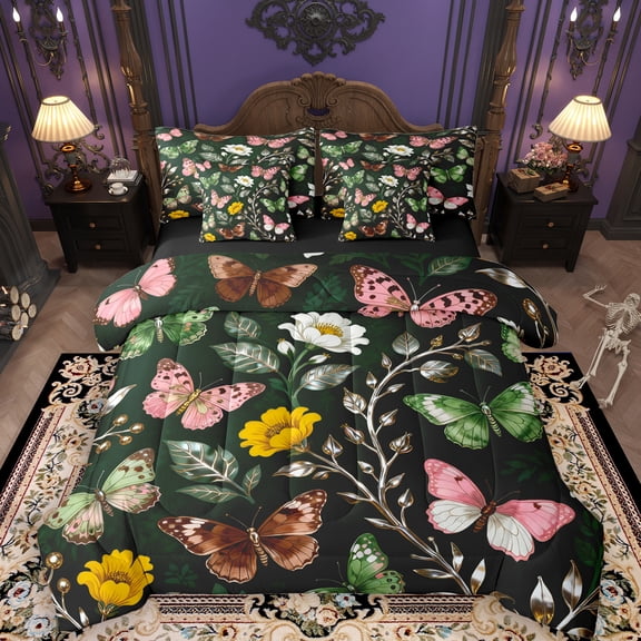 Manfei Hippie Butterfly Child 7pcs Bedding Comforter Set, Dark Green Groovy Floral Queen Bedding Sets, Mystic Mandala Animal Reversible Queen Sheet Sets, Lightweight Room Decor
