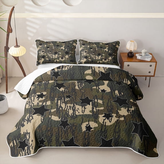 Manfei Hippie Camo Stars Print Quilt Full,Boys Friendly Style Full Bedspread Sets,Green Beige,Black Reversible,3-Piece,1 Coverlet and 2 Pillowcases