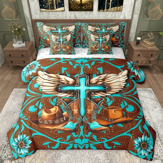 Manfei Hippie Cowgirl Boot Bedding Comforter Set 7pcs for Teen, Brown Cyan Cross Queen Bedding Sets, Vintage Western Theme Reversible Queen Sheet Sets, Microfiber Bedroom Decor
