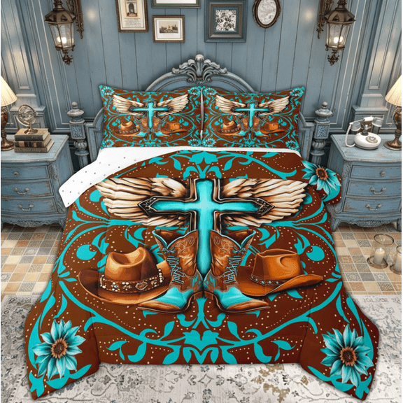 Manfei Hippie Cowgirl Boot Queen Comforter Set for Boys Kids, Brown Cyan Vintage Western Cross Bedding Sets, Reversible, 3 Pieces