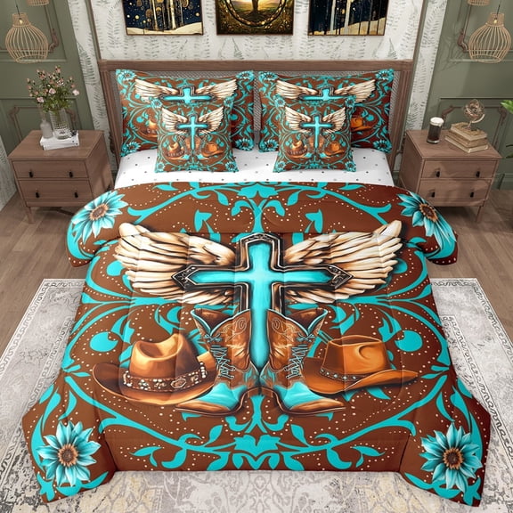 Manfei Hippie Cowgirl Boot Twin Bedding Sets 7-Piece for Teen, Brown Cyan Cross Bedding Comforter Set, Vintage Western Theme Reversible Sheet Sets, Microfiber Bedroom Decor