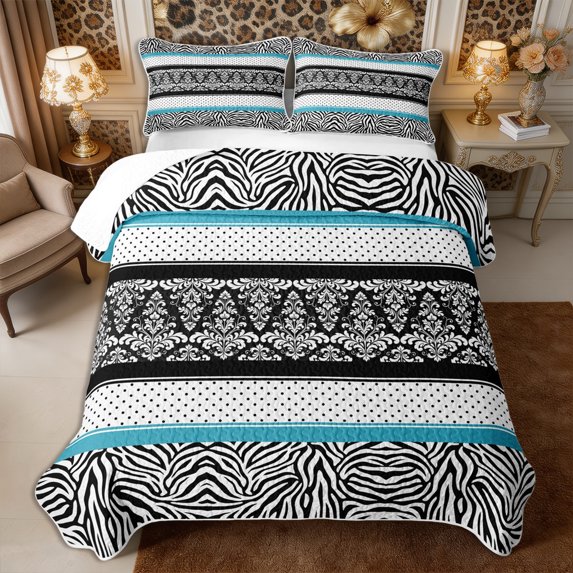 Manfei Hippie Damask Dots Bed Spread Queen 3pcs,Retro Zebra Print Queen Coverlet Set,1 Quilt and 2 Pillowcases