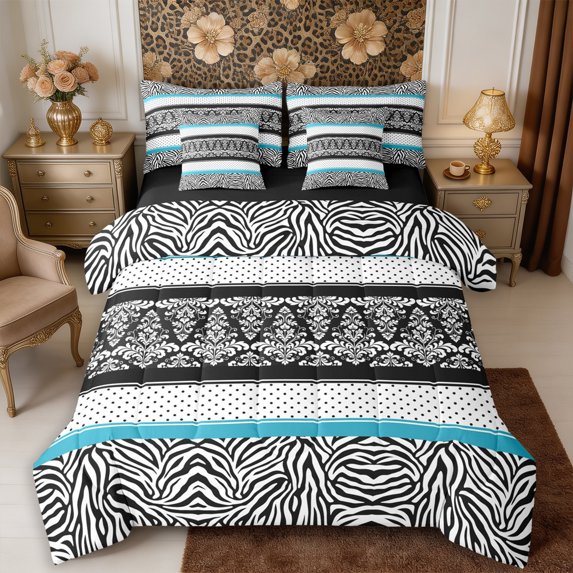 Manfei Hippie Damask Dots King Bedding 7pcs,Retro Zebra Print King Bed in a Bag,Reversible