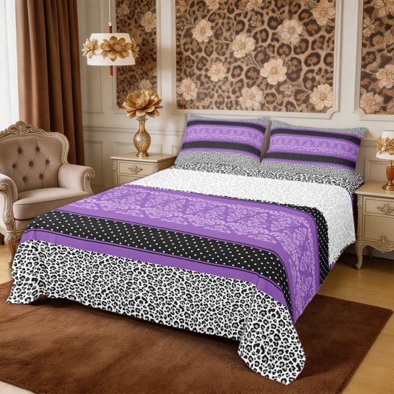 Manfei Hippie Damask Dots King Sheets 4pcs,Retro Cheetah Print Bedding,1 Flat Sheet,1 Fitted Sheet and 2 Pillowcases