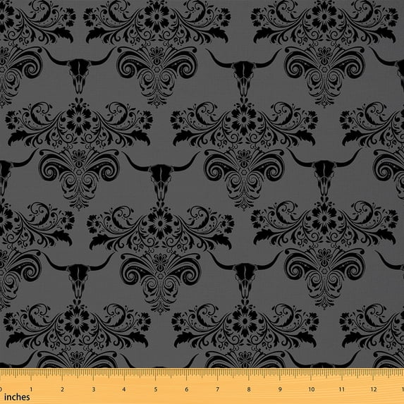Manfei Hippie Damask Flower Fabric by the Yard (3 Yards), Rustic Cow Skull Decorative Fabric by the Yard, Gray Black Aesthetic DIY Fabric