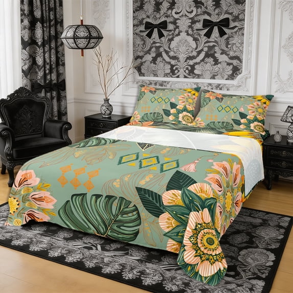 Manfei Hippie Damask Flowers Bed Sheets 4-Piece,Boho Aztec Full Size Sheets,1 Flat Sheet,1 Fitted Sheet and 2 Pillowcases