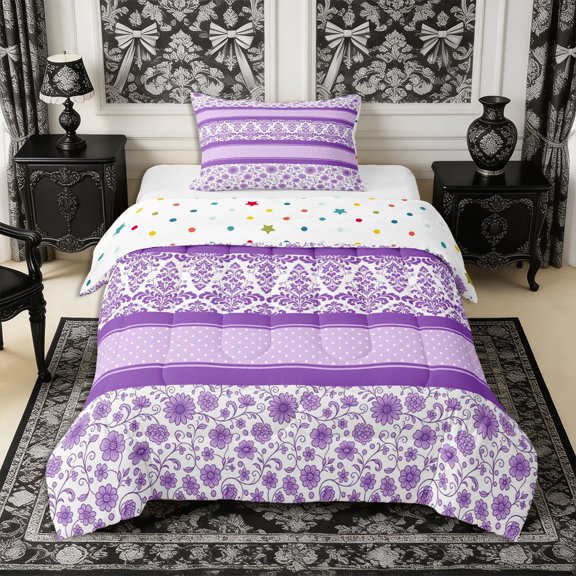 Manfei Hippie Damask Flowers Twin Comforter Sets 2pcs,Geometric Dots Stripes Bedding Set,1 Comforter and 1 Pillowcase,Reversible