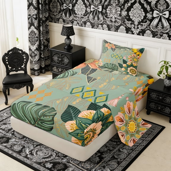 Manfei Hippie Damask Flowers Twin Sheets 3pcs,Boho Aztec Bedding,1 Flat Sheet,1 Fitted Sheet and 1 Pillowcase