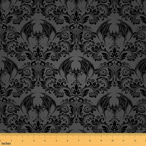 Manfei Hippie Damask Sewing & Crafting Fabric (2 Yards), Happy Halloween Bat Home Decor Fabric by the Yard, Black and Gray DIY Fabric