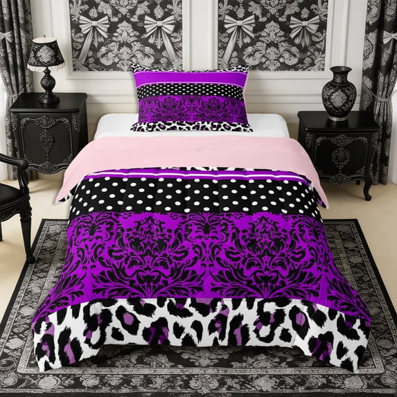 Manfei Hippie Damask Twin Comforter Sets 2pcs,Geometric Stripes Dots Bedding Set,1 Comforter and 1 Pillowcase,Reversible
