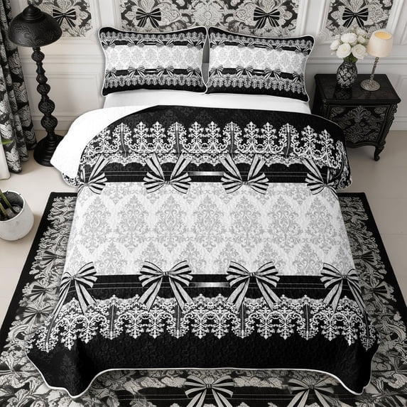 Manfei Hippie Damask Twin Quilt Set 2 Pieces,Princess Ribbon Bow Twin Coverlet Set,1 Bedspread and 1 Pillowcase
