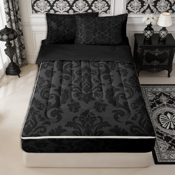 Manfei Hippie Damask Zipper Twin Comforter Sets with Fitted Sheet and 2 Pillowcases,Exotic Style Zipper Bedding Set,Reversible