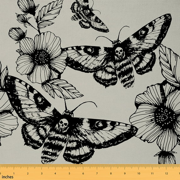 Manfei Hippie Death Moth Sewing & Crafting Fabric (1 Yard), Gothic Sugar Skull Home Decor Fabric by the Yard, Vintage Floral DIY Fabric, Black Gray