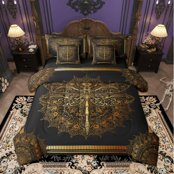 Manfei Hippie Dragon Bedding Comforter Set, Bohemian Mandala Full Bedding Set, Black Gold Aesthetic Fitted Sheet Flat Sheet, Ultra Soft Home Decor Reversible 7 Pieces